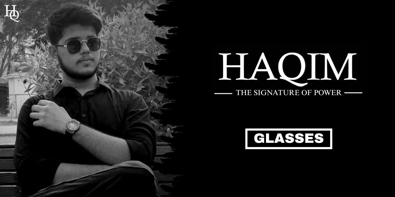 Person wearing sunglasses with 'HAQIM' branding and text on a black background
