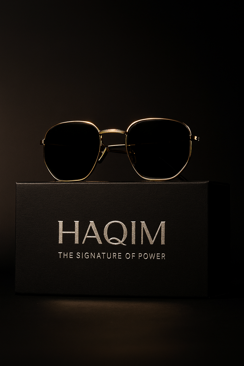 Gold sunglasses on a black box with 'HAQIM' branding against a dark background