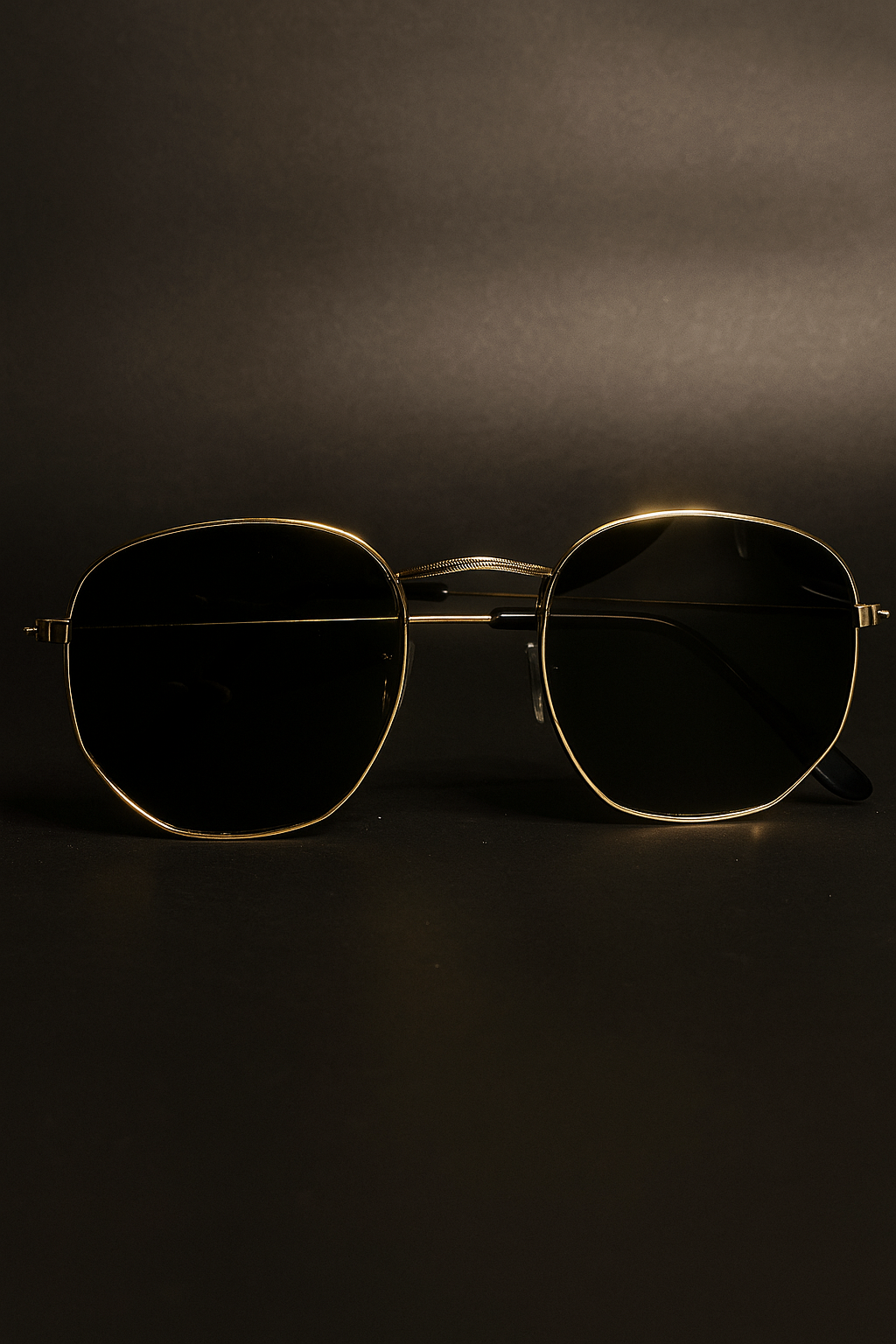 Gold-framed sunglasses on a dark background