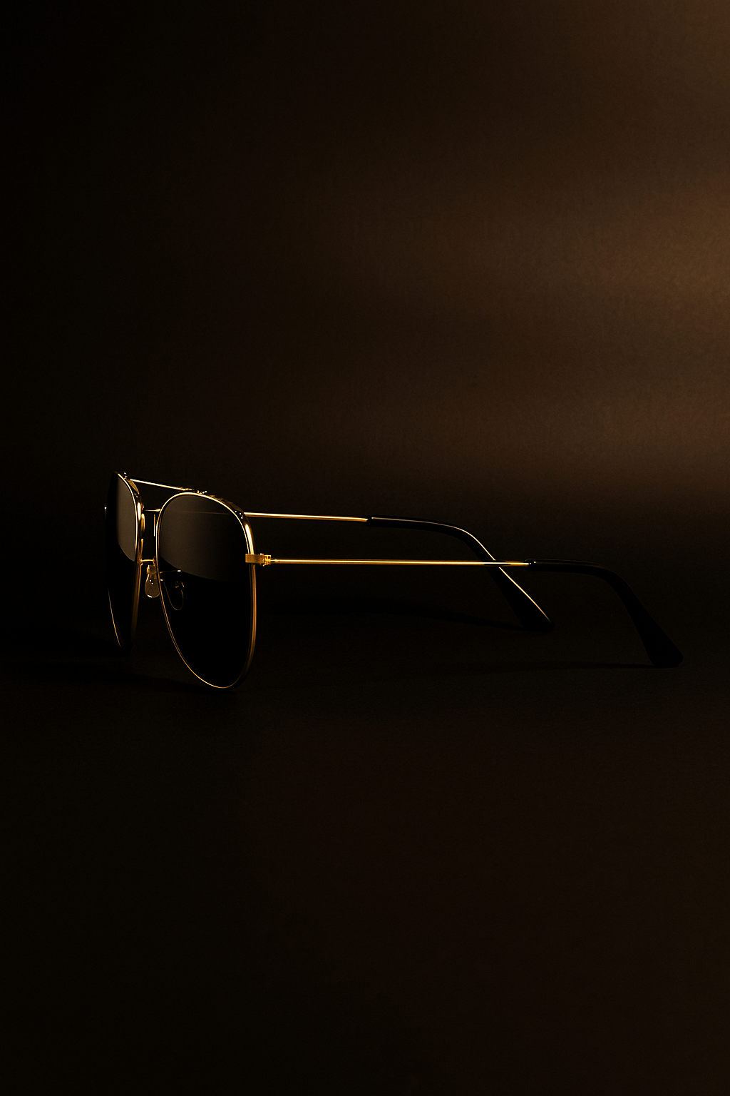 Gold-framed sunglasses on a dark background