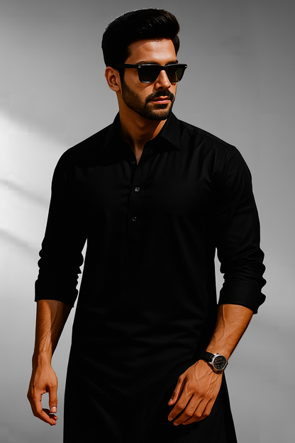 Black Knight - BLACK COTTON UNSTITCHED KAMEEZ SHALWAR FABRIC
