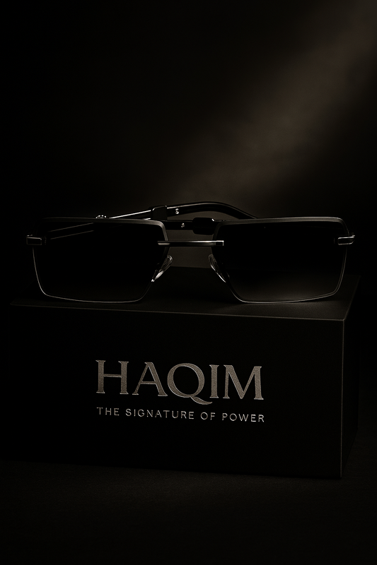 Sunglasses on a black box with 'HAQIM' branding against a dark background