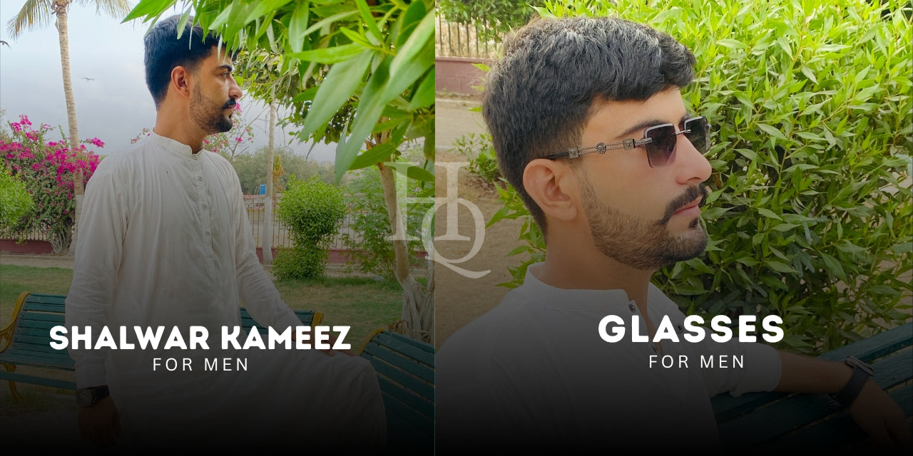 Two men wearing shalwar kameez and glasses with text indicating clothing styles with haqim logo.