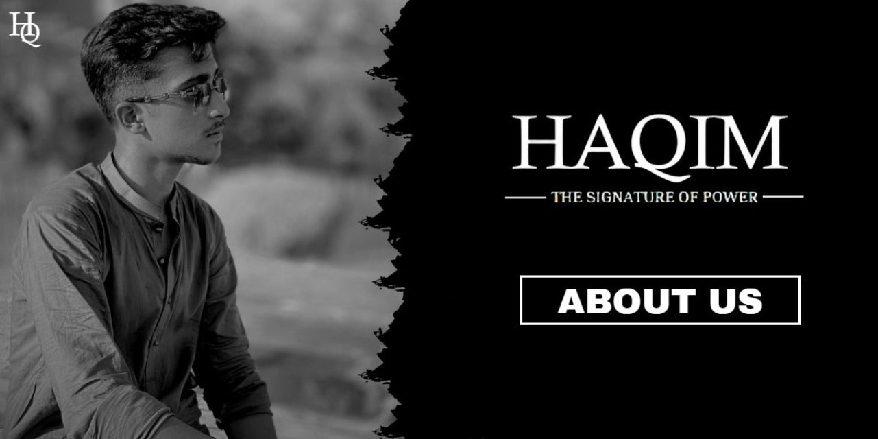 Black and white image of a person with text 'HAQIM' and 'THE SIGNATURE OF POWER' on a black background.