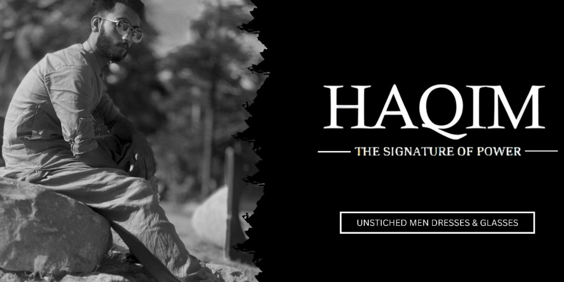 Man sitting outdoors with 'HAQIM' brand text overlay