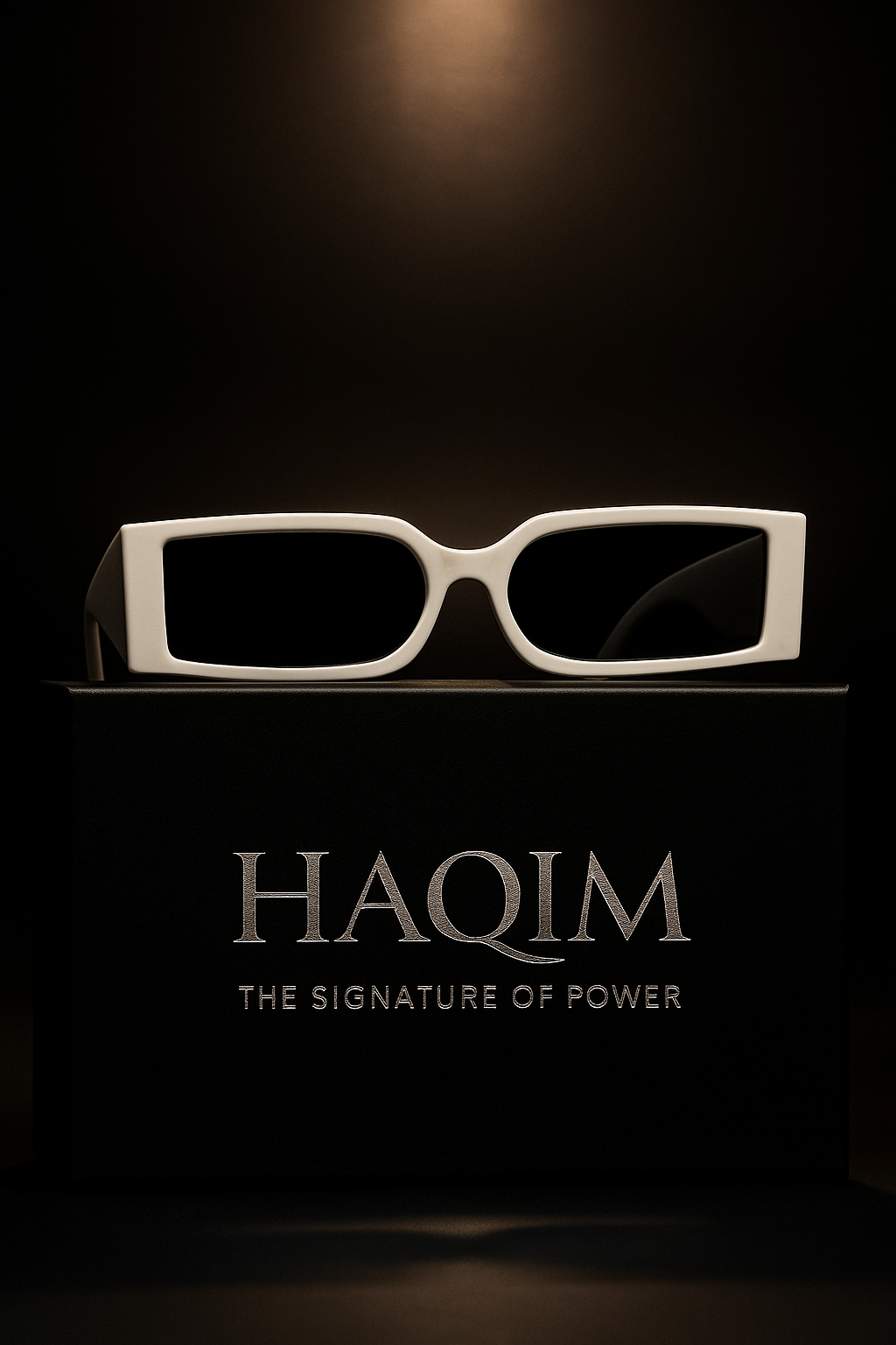 Sunglasses on a black stand with 'HAQIM' branding in the background